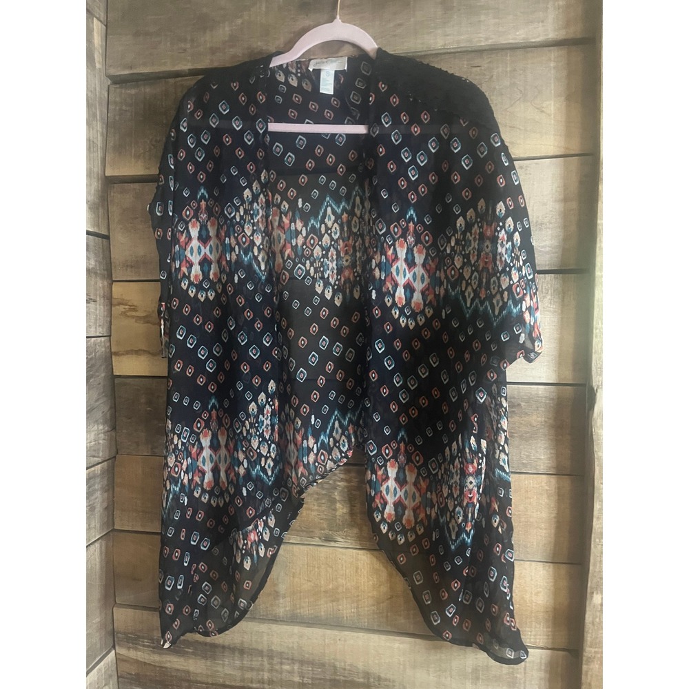 Just Be Womens Black Ikat Geometric Print Sheer Kimono Lace Shoulder Wrap Small